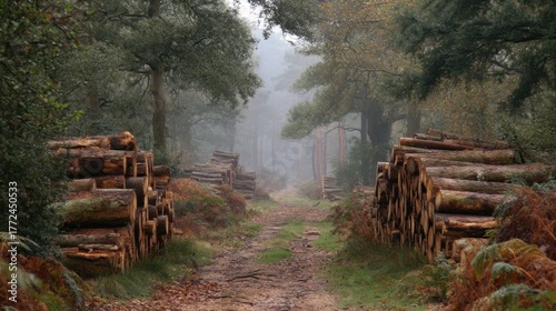 Tranquil Forest Path Surrounded by Stacked Logs in Misty Atmosphere