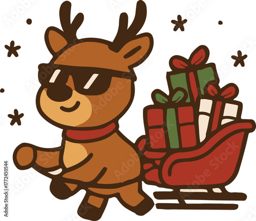 Cool Reindeer Pulling Gifts Sleigh – Christmas Holiday Cute Cartoon Character