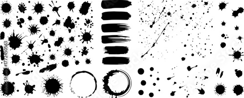 Collection of Black Ink Splatters, Brush Strokes, and Circular Designs on White Background