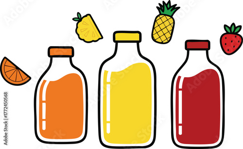 Three glass bottles filled with orange yellow and red juice surrounded by pineapple and strawberry on white background
