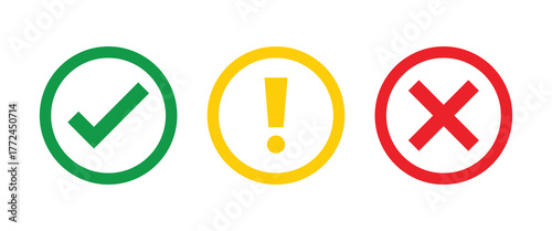 Set of flat round check mark icon vector, exclamation point, X mark icons, buttons isolated on a white background.