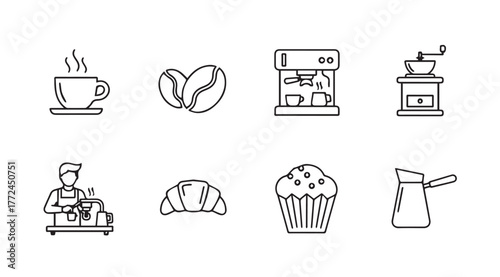 Hand drawn coffee shop icons featuring a barista beans cup croissant muffin and espresso machine vector