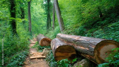 Tranquil Forest Path with Fallen Trees and Vibrant Green Foliage