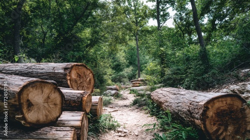 Tranquil Forest Pathway Surrounded by Cut Logs and Lush Greenery