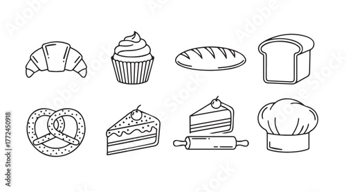 Hand drawn bakery food items collection croissant cupcake bread pretzel cake pastry chef hat set vector