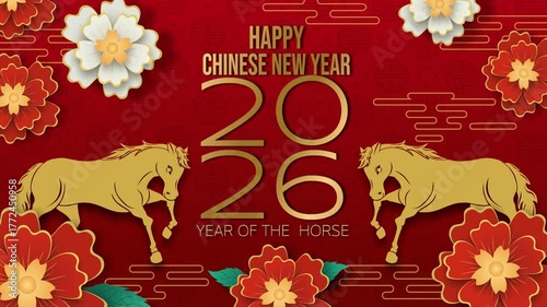 Elegant 4K looping animation for Chinese New Year 2026, Year of the Horse. Features golden horses, red floral motifs, and festive gold accents. Perfect for greetings, ads, and digital displays.