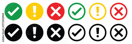 Set of flat round check mark icon vector, exclamation point, X mark icons, buttons isolated on a white background.