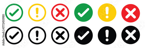 Set of flat round check mark icon vector, exclamation point, X mark icons, buttons isolated on a white background.