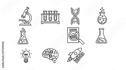 Hand drawn science icons featuring microscope test tubes dna brain rocket light bulb and beakers vector