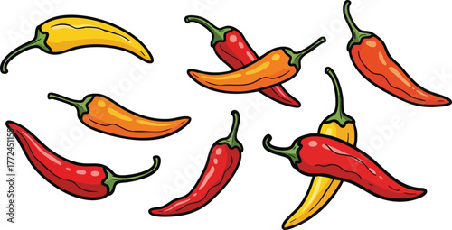 Pixelated Red Yellow Orange Chili Peppers Isolated On White Background