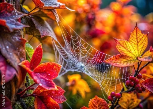 Autumn Overgrown Garden Macro Photography: Fallen Leaves, Dewdrops, and Wildflowers