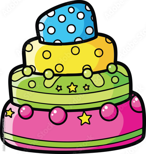 Three Tier Cartoon Cake With Pink Yellow Green Blue Layers And Polka Dot Decorations
