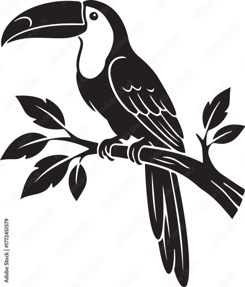 Obraz premium Silhouette vector of exotic tropical bird perched on branch, white background