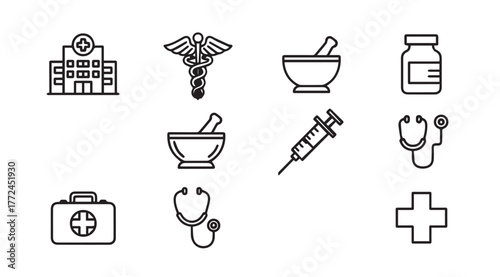 Collection of hand-drawn medical icons representing healthcare hospital pharmacy and emergency services vector