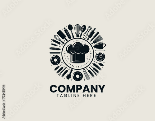 Chef hat bakery tools black vector logo illustration 