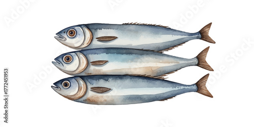 Sea watercolor pattern. Sardines, fish, herring. Simple decor in Scandinavian style in soft blue and brown tones. For wrapping paper, fabric. Vector