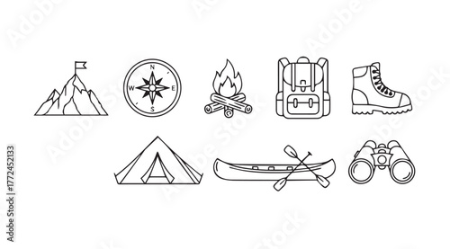 Adventure camping icons set featuring mountains tent backpack canoe and binoculars for outdoor exploration vector