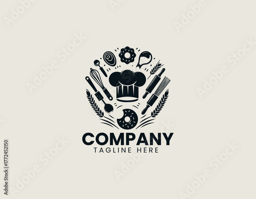 Chef hat bakery tools black vector logo illustration 