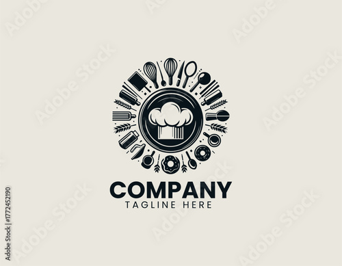 Chef hat bakery tools black vector logo illustration 
