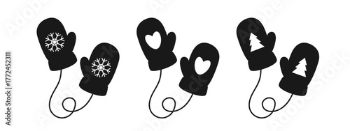 Black and White Mitten Set, Winter Gloves Silhouette with Snowflake Heart and Tree Pattern