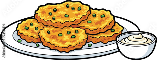 Pile Of Golden Brown Potato Pancakes With Green Onions And A Side Of Creamy Dip