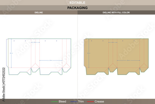 Paper bag dieline formed through technical vector drawing improving printing precision and packaging form die line details define folds supporting automatic bottom closure
