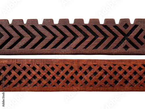 Dark brown and reddish brown wooden borders with geometric carved patterns, featuring chevron and lattice designs, isolated on transparency background, suitable for decoration or craft projects