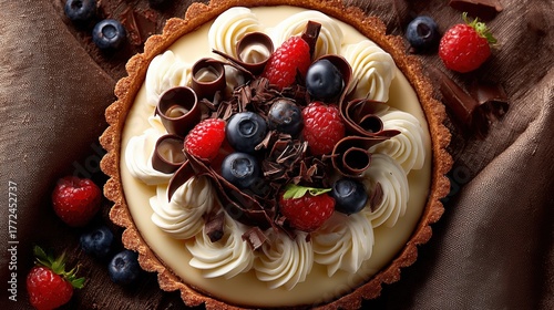 Top-down view of Bavarian cream pie decorated with chocolate curls and berries, professional food photography setup, high-end dessert presentation