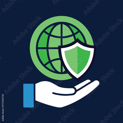 Global Security Icon with Hand and Shield Representing Protection and Data Privacy Worldwide Network