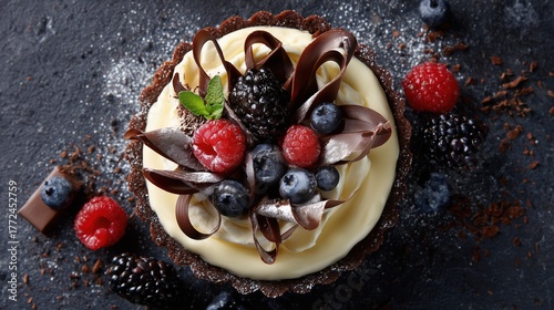 Top-down view of Bavarian cream pie decorated with chocolate curls and berries, professional food photography setup, high-end dessert presentation
