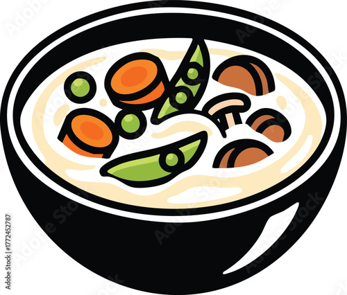 Creamy Vegetable Soup in a Black Bowl with Carrots Peas and Mushrooms