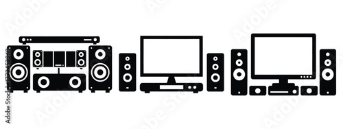 home theater system icon set, black color and white background