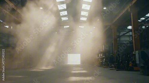 Industrial Warehouse Interior Atmospheric Dust and Light Filtering Through the Skylights, Creating a Dramatic Scene within a Large Empty Space