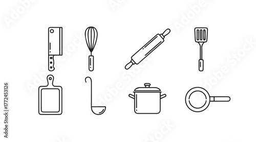 Set of kitchen utensils and cooking tools line art icons for culinary creations vector