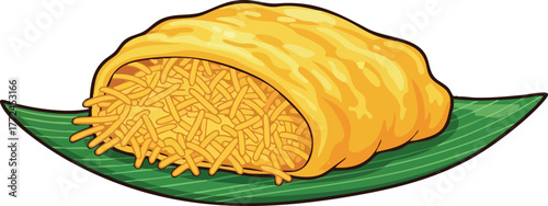 Illustration Of Shredded Yellow Noodles Wrapped In Yellow Packaging On A Green Leaf