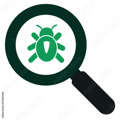 Magnifying Glass with Green Insect for Bug Detection and Virus Scanning on White Background for Cybersecurity Concepts