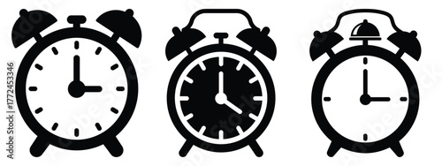 alarm clock minimal icon set, black color and white background