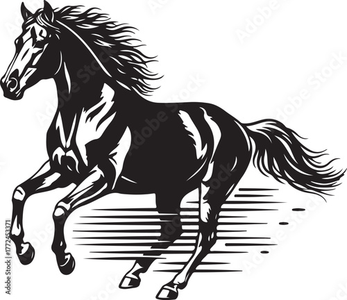  Silhouette of galloping horse, movement and power concept, white background