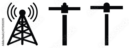 antenna minimal flat icon set, black color and white background