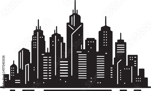 Silhouette of modern city skyline with tall buildings, urban landscape, white background