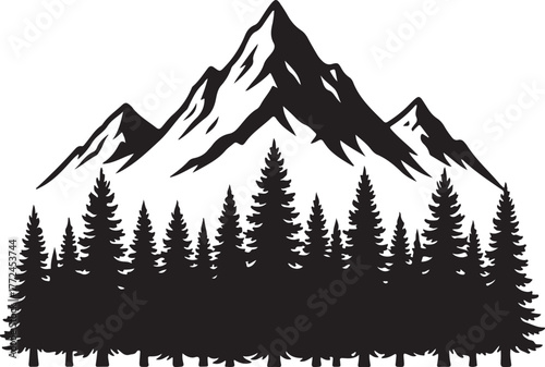 Silhouette of mountain peaks and pine trees, adventure concept, white background