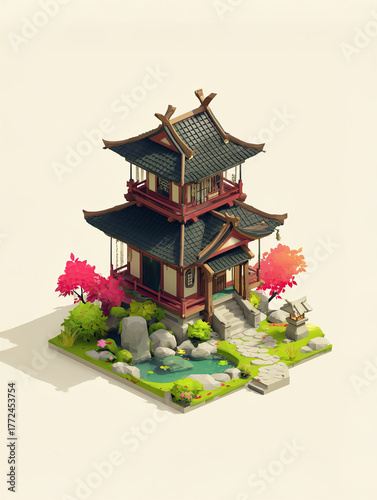 Isometric illustration of a serene and ancient Japanese temple