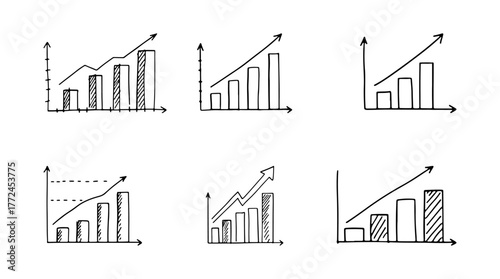 Business growth hand drawn graphs and bar chart illustration set