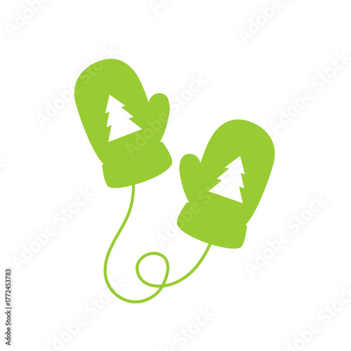 Cozy Green Mittens with Pine Tree Design, Winter Christmas Vector Illustration