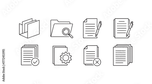Collection of hand drawn document and folder icons for digital organization and data management vector