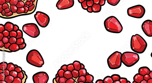 Pixel Art Pomegranate Slices Scattered on a White Background Vibrant Red Juicy Seeds Healthy Food Design