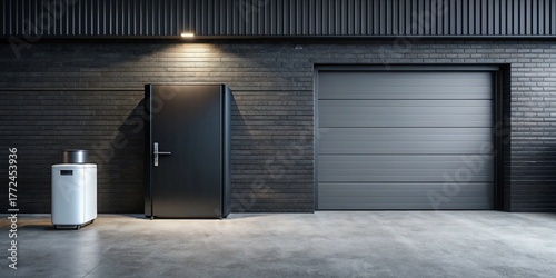 Black Garage Door, White Refrigerator, Modern Home Exterior Stock Photo