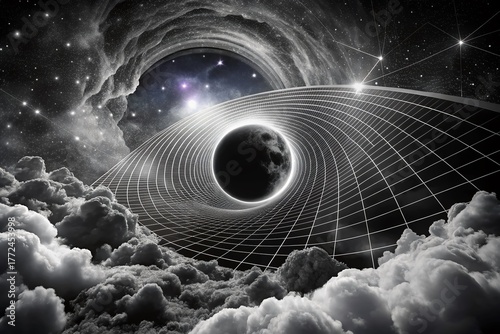 Black Hole Line Art: Cosmic Clouds & Stars in Monochrome