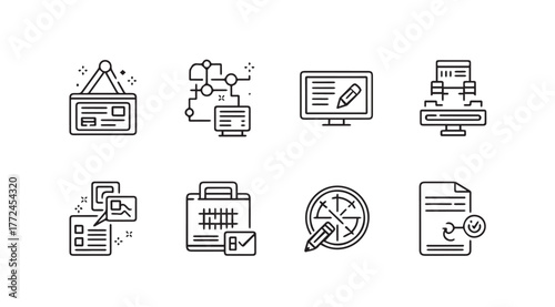 Business icons set workflow management data analysis digital communication and organization concepts vector