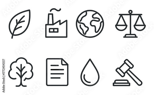 Sustainability icons: environment, industry, earth, justice, law, nature, water